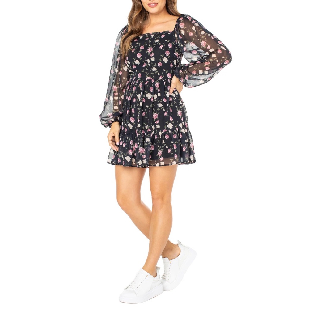 Celebrity Pink Long Sleeve Rose Print BabyDoll Dress Size M Womens/Juni…